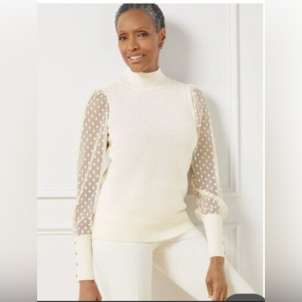 Talbots Cream Turtleneck Sweater‎ with Sheer Polka Dot Sleeves